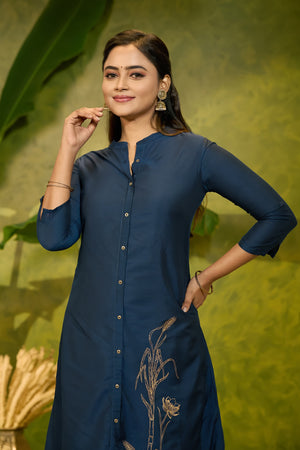 Pongal Inspired Printed Kurta - Navy Blue