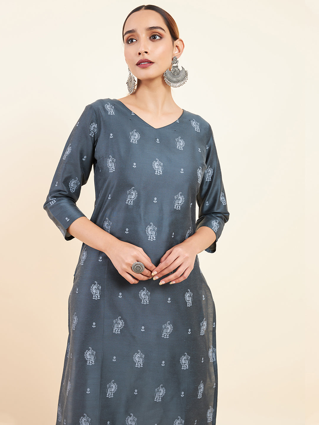 All Over Peacock Motif Printed Kurta Grey