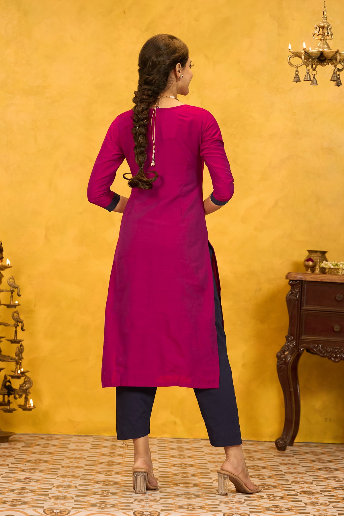 Traditional Embroidered Kurta with Yoke Patchwork - Magenta