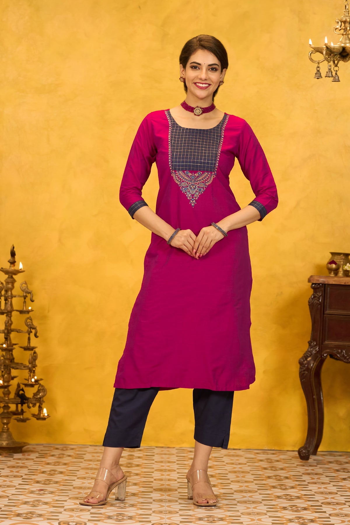 Traditional Embroidered Kurta with Yoke Patchwork - Magenta