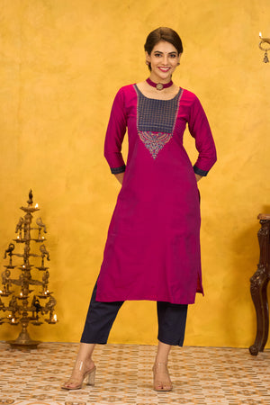 Traditional Embroidered Kurta with Yoke Patchwork - Magenta