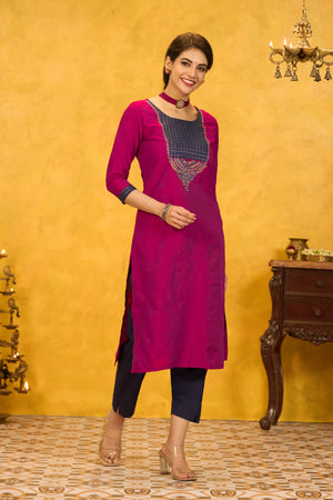 Traditional Embroidered Kurta with Yoke Patchwork - Magenta