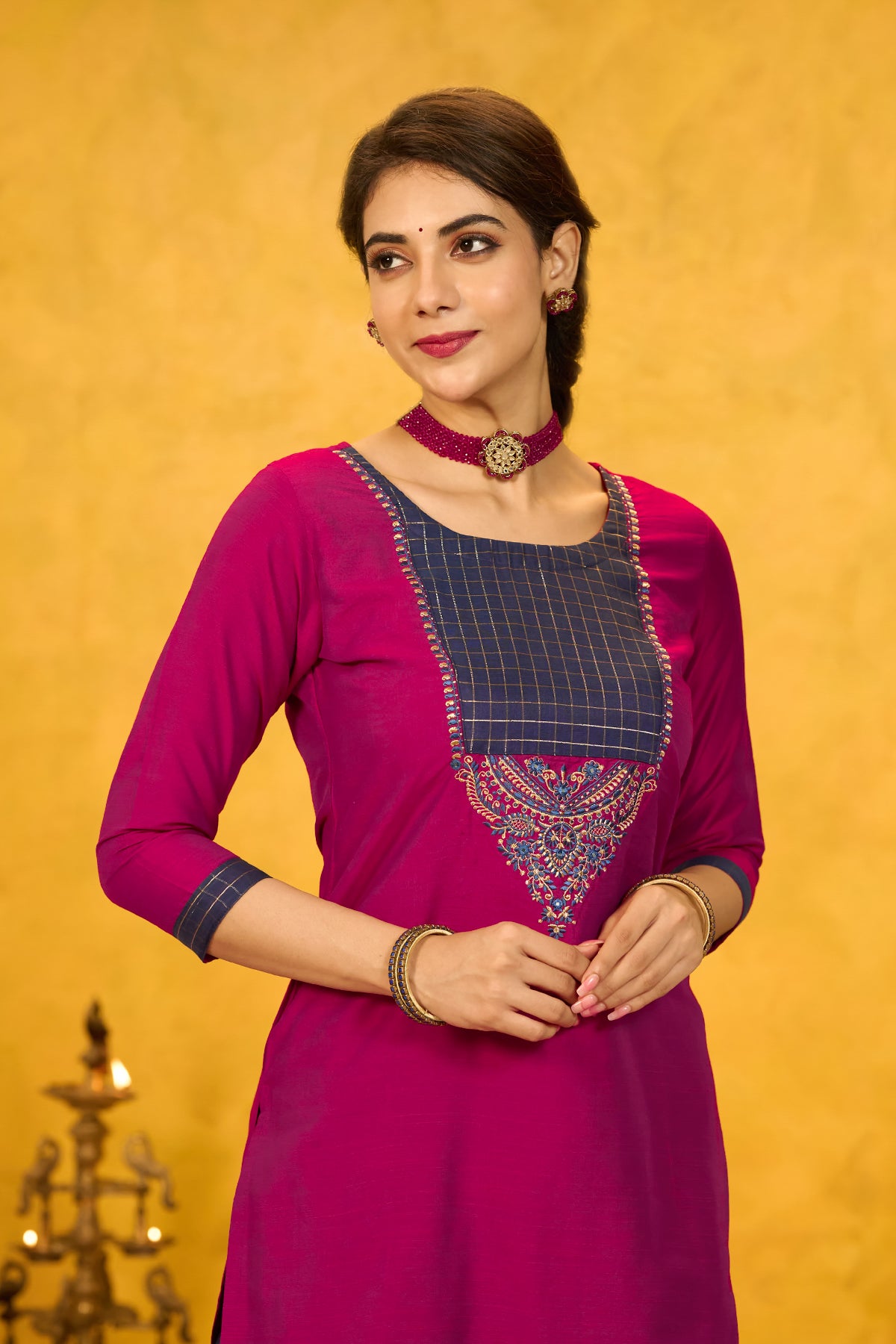 Traditional Embroidered Kurta with Yoke Patchwork - Magenta