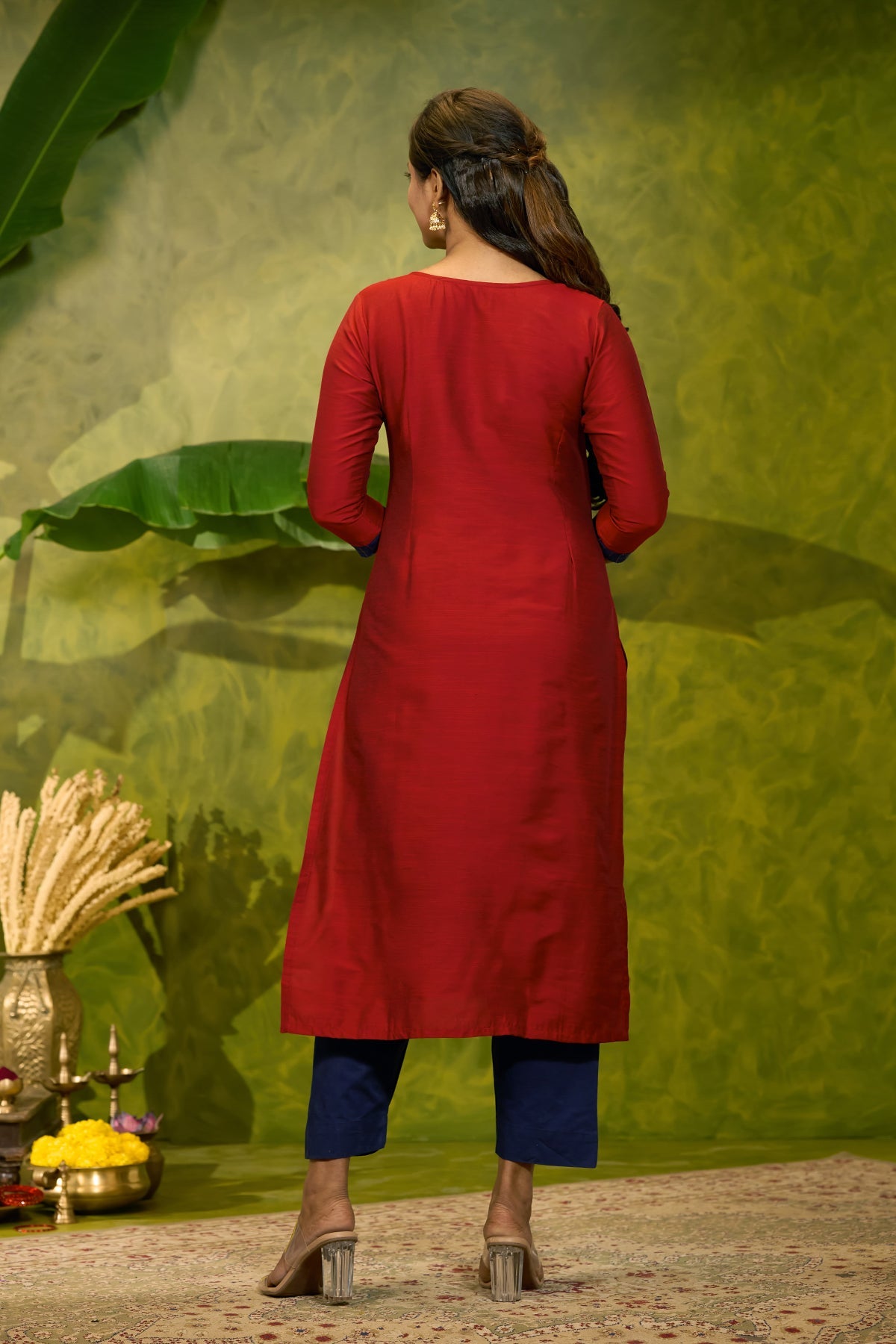 Traditional Embroidered Kurta with Yoke Patchwork - Red