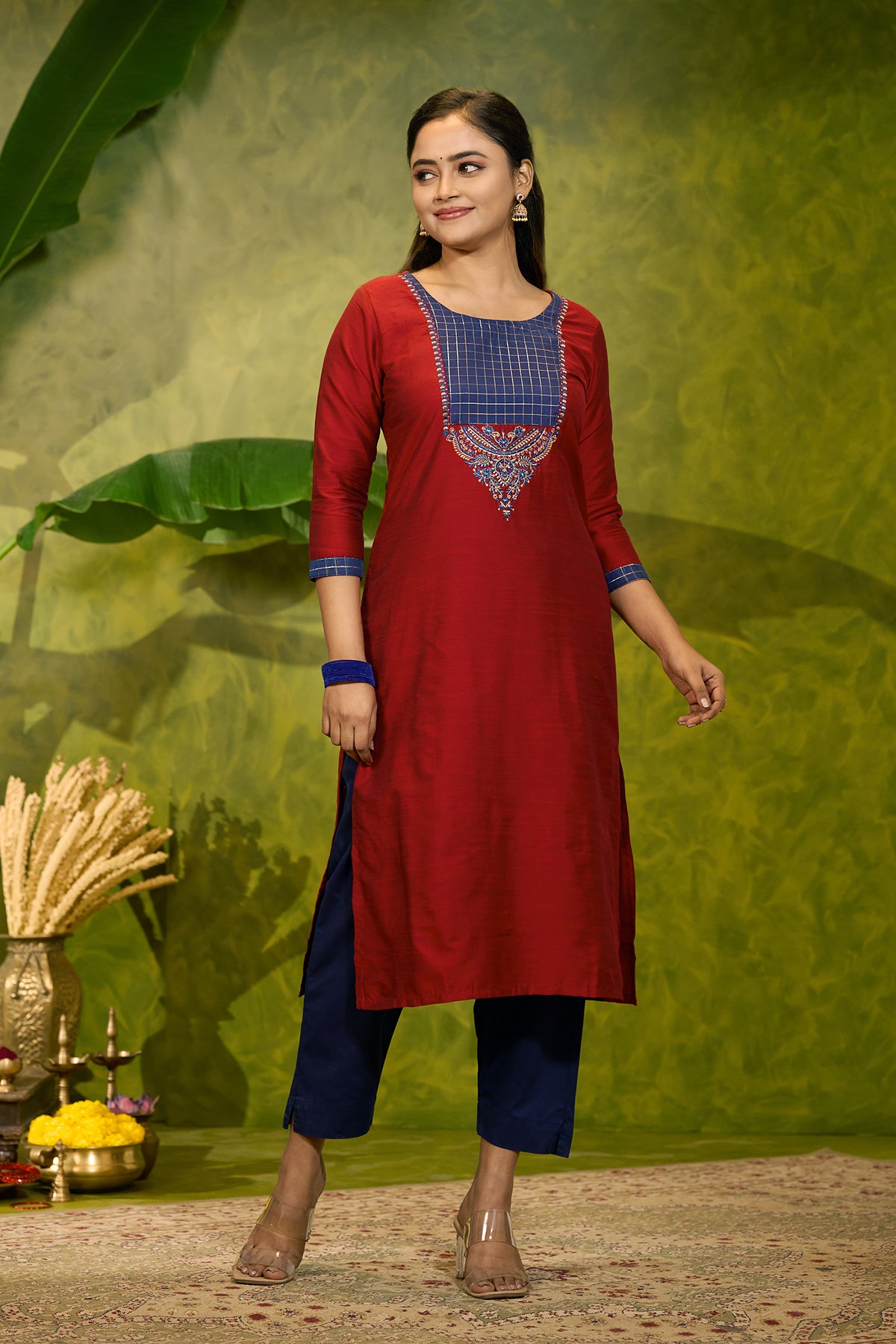 Traditional Embroidered Kurta with Yoke Patchwork - Red