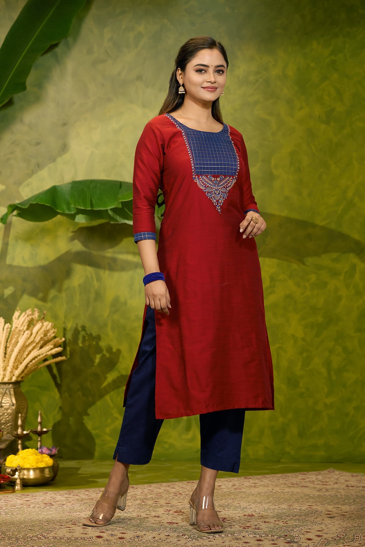 Traditional Embroidered Kurta with Yoke Patchwork - Red