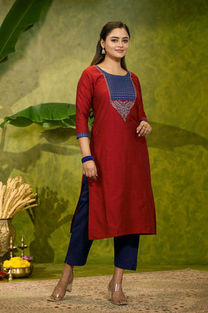 Traditional Embroidered Kurta with Yoke Patchwork - Red