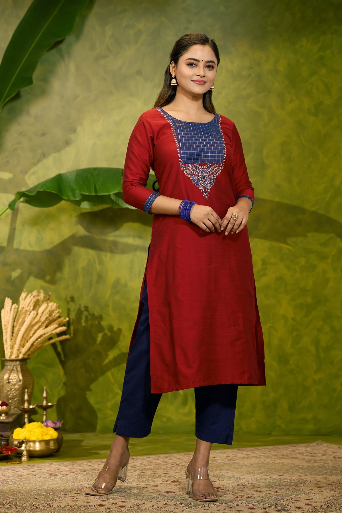 Traditional Embroidered Kurta with Yoke Patchwork - Red