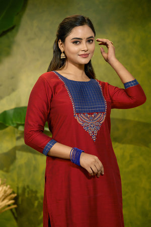 Traditional Embroidered Kurta with Yoke Patchwork - Red