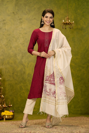 Solid Kurta with Ponagl Inspired Printed Dupatta - Red & Off - White