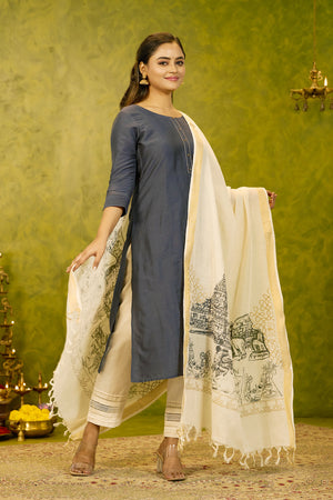 Solid Kurta with Ponagl Inspired Printed Dupatta - Grey & Off - White