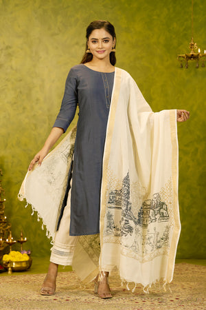 Solid Kurta with Ponagl Inspired Printed Dupatta - Grey & Off - White