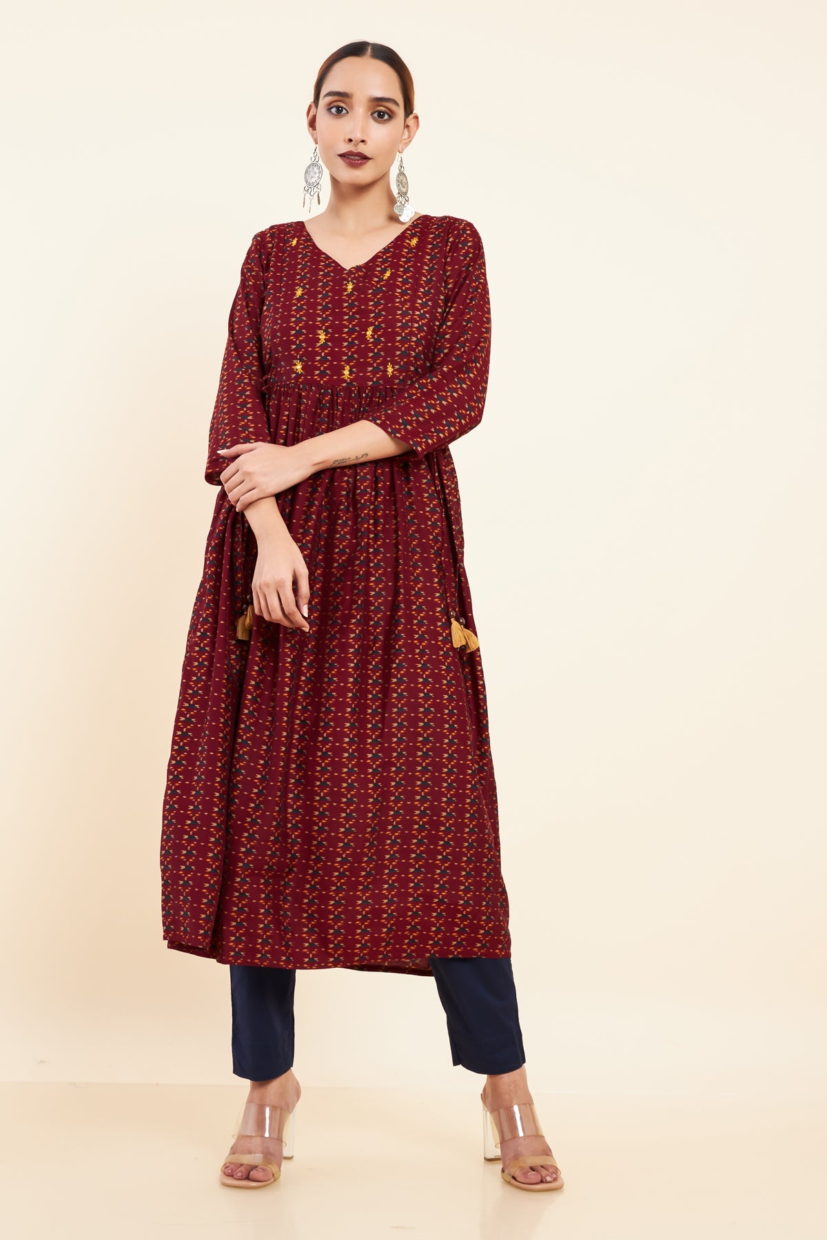 Foil Mirror Embellished Ikkat Printed A Line Kurta Maroon