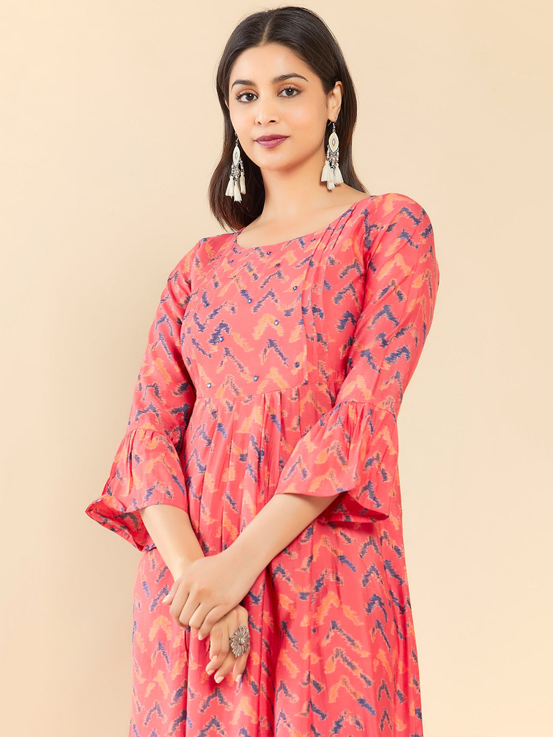 Contract Chevron Printed Foil Mirror Embellished A Line Kurta Peach