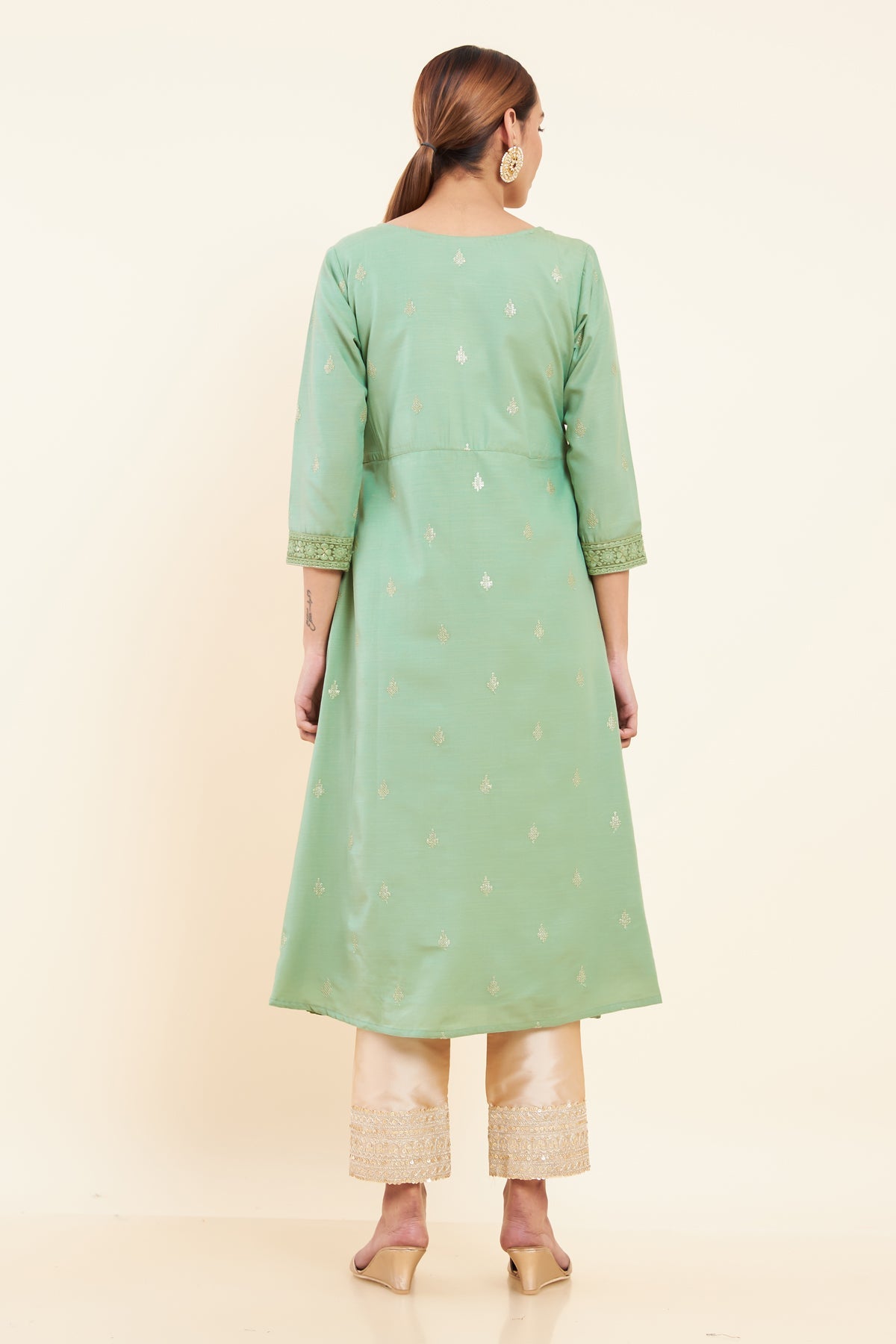 All Over Sequin With Floral Motif Embroidered A Line Kurta Green