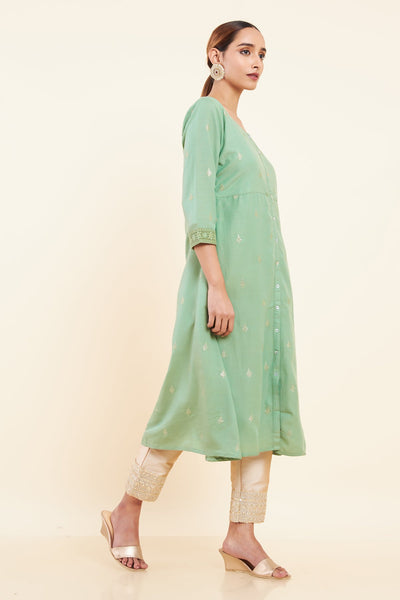 All Over Sequin With Floral Motif Embroidered A-Line Kurta - Green