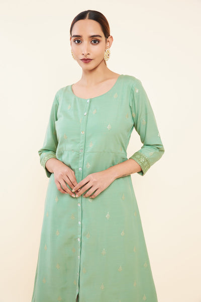 All Over Sequin With Floral Motif Embroidered A-Line Kurta - Green
