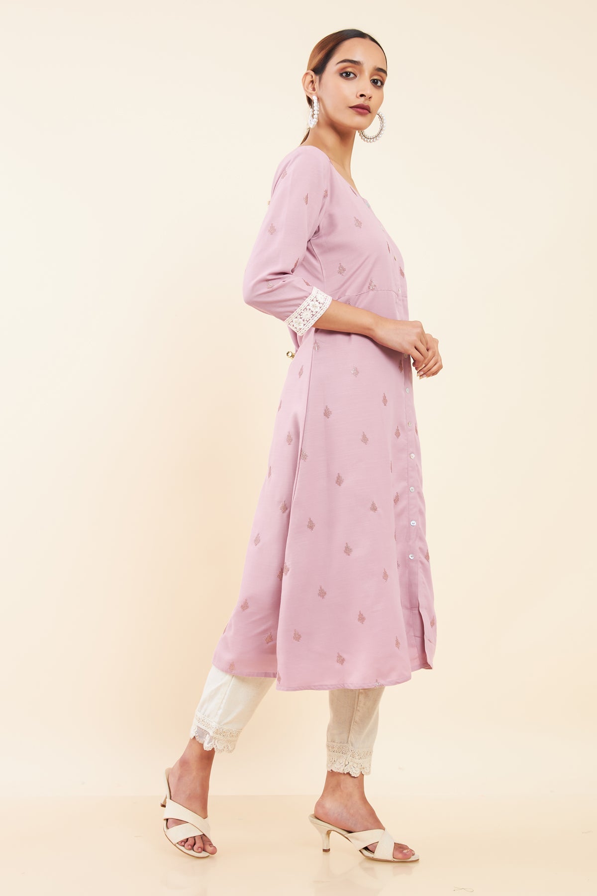 All Over Sequin With Floral Motif Embroidered A Line Kurta Pink