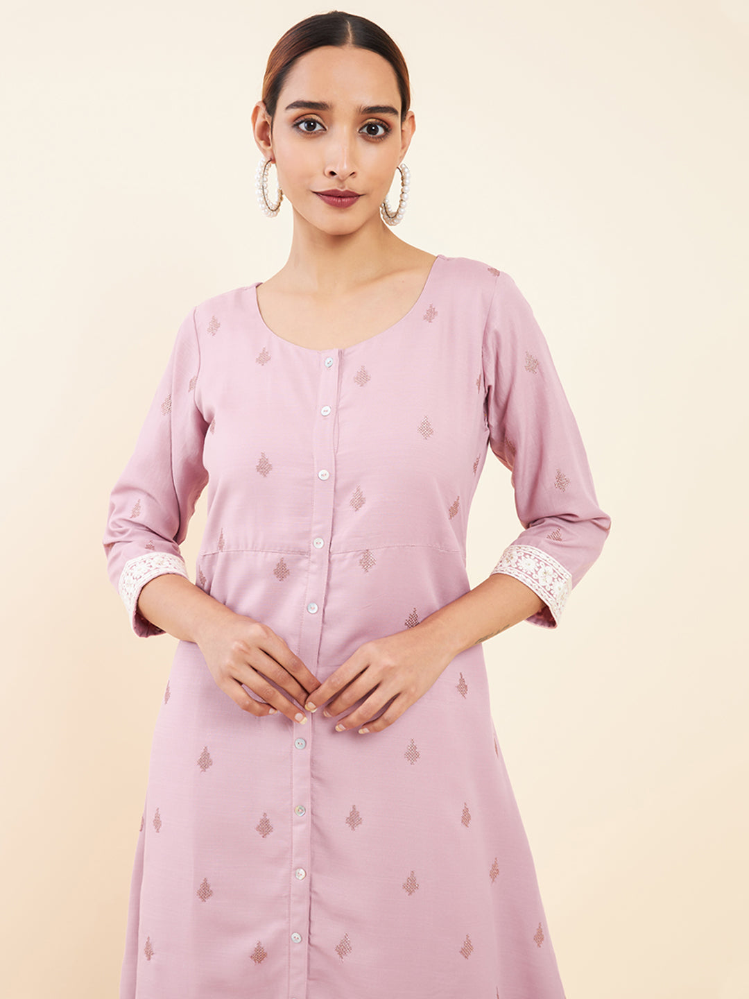 All Over Sequin With Floral Motif Embroidered A Line Kurta Pink