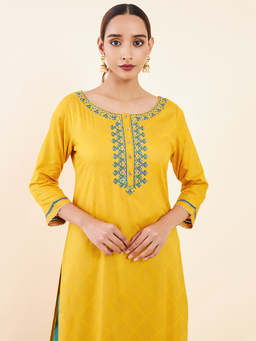 Contrast Daisy Motif Embroidered Gold Geometric Self Printed Kurta Mustard