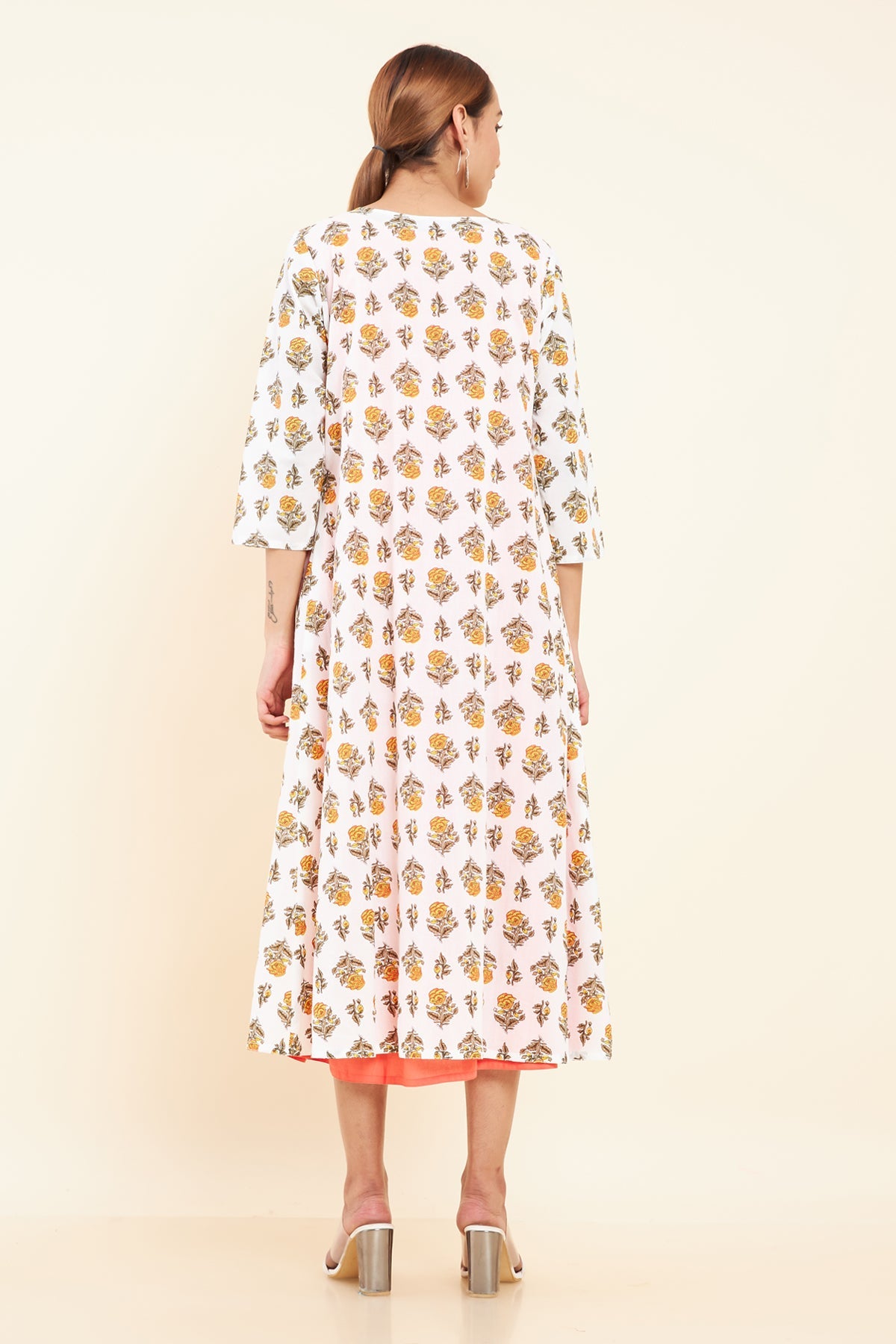 Tie Up Coat All Over Floral Printed Kurta Peach
