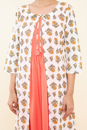 Tie Up Coat All Over Floral Printed Kurta Peach
