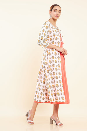 Tie Up Coat All Over Floral Printed Kurta Peach
