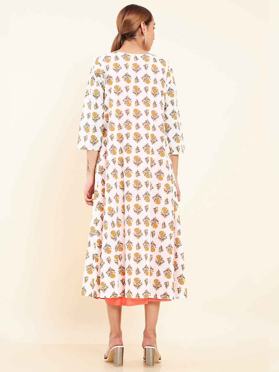 Tie Up Coat All Over Floral Printed Ethnic Dress - Peach