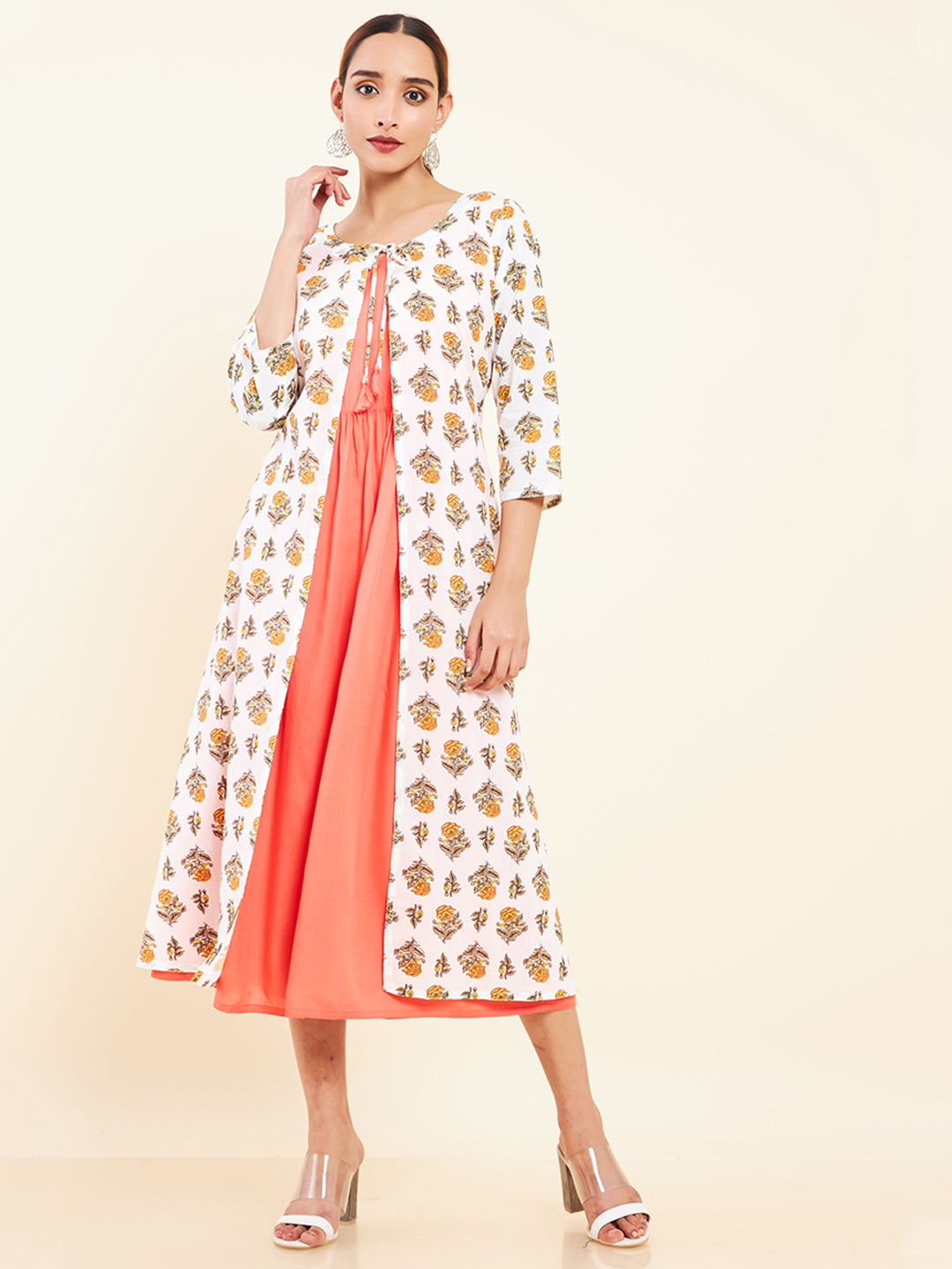 Tie Up Coat All Over Floral Printed Ethnic Dress - Peach