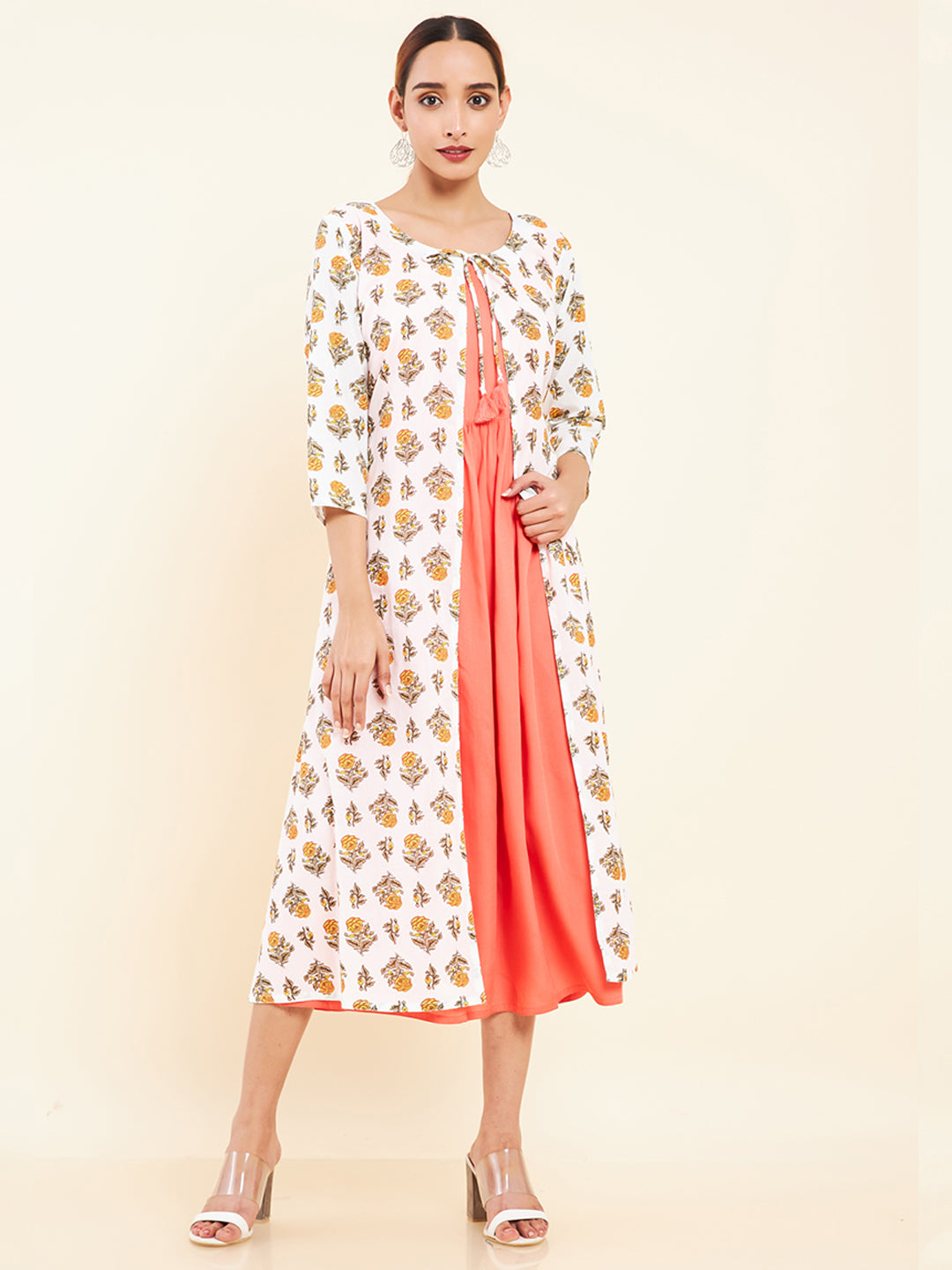 Tie Up Coat All Over Floral Printed Ethnic Dress - Peach