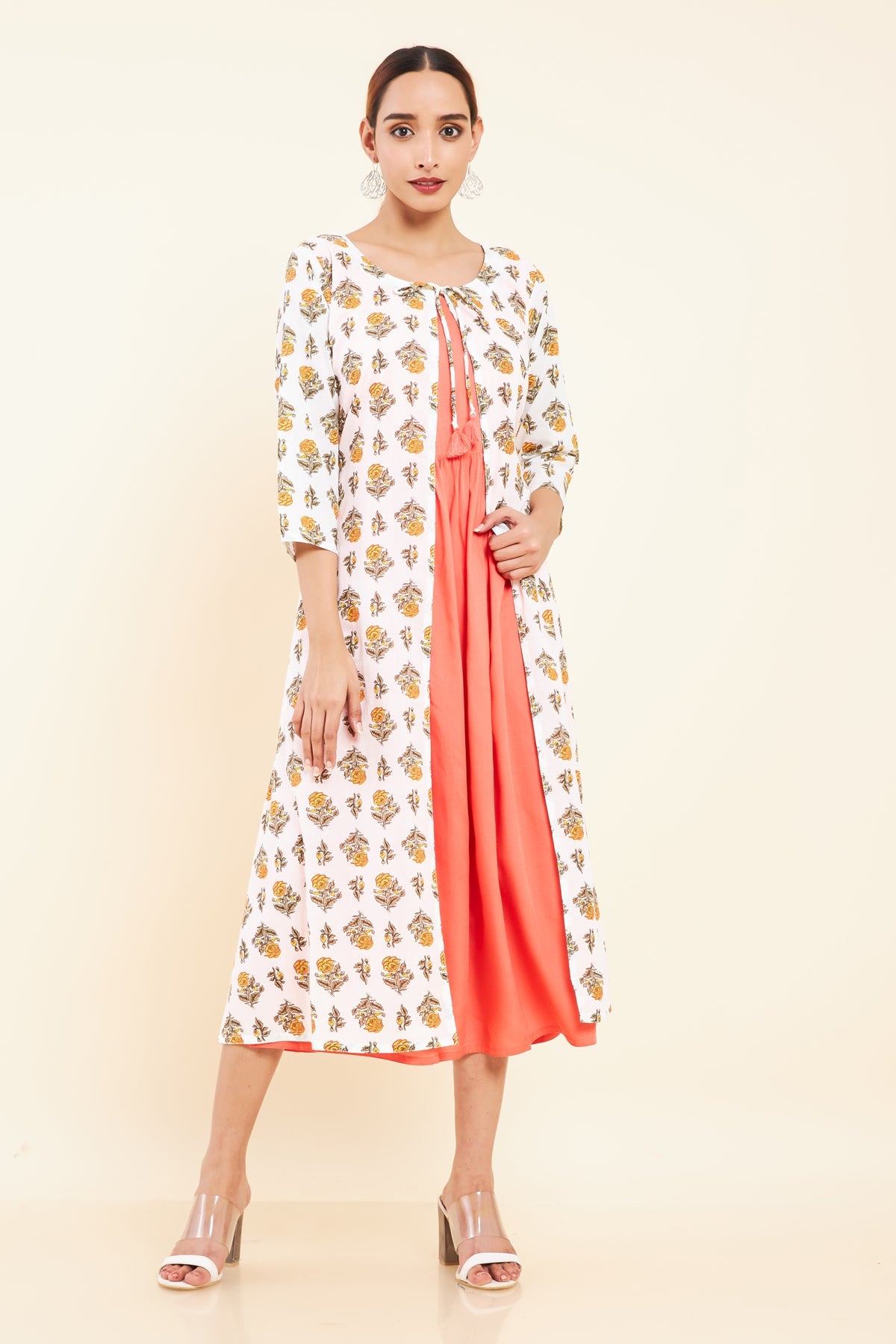 Tie Up Coat All Over Floral Printed Kurta Peach