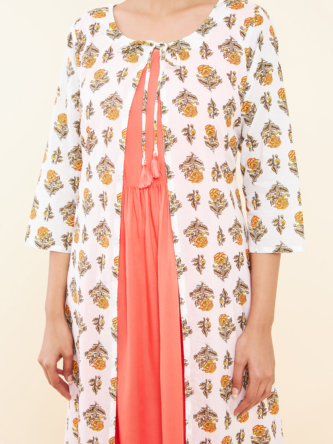 Tie Up Coat All Over Floral Printed Ethnic Dress - Peach