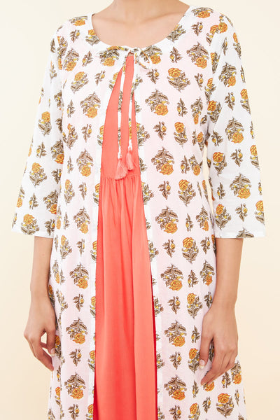 Tie-Up Coat All Over Floral Printed Kurta - Peach