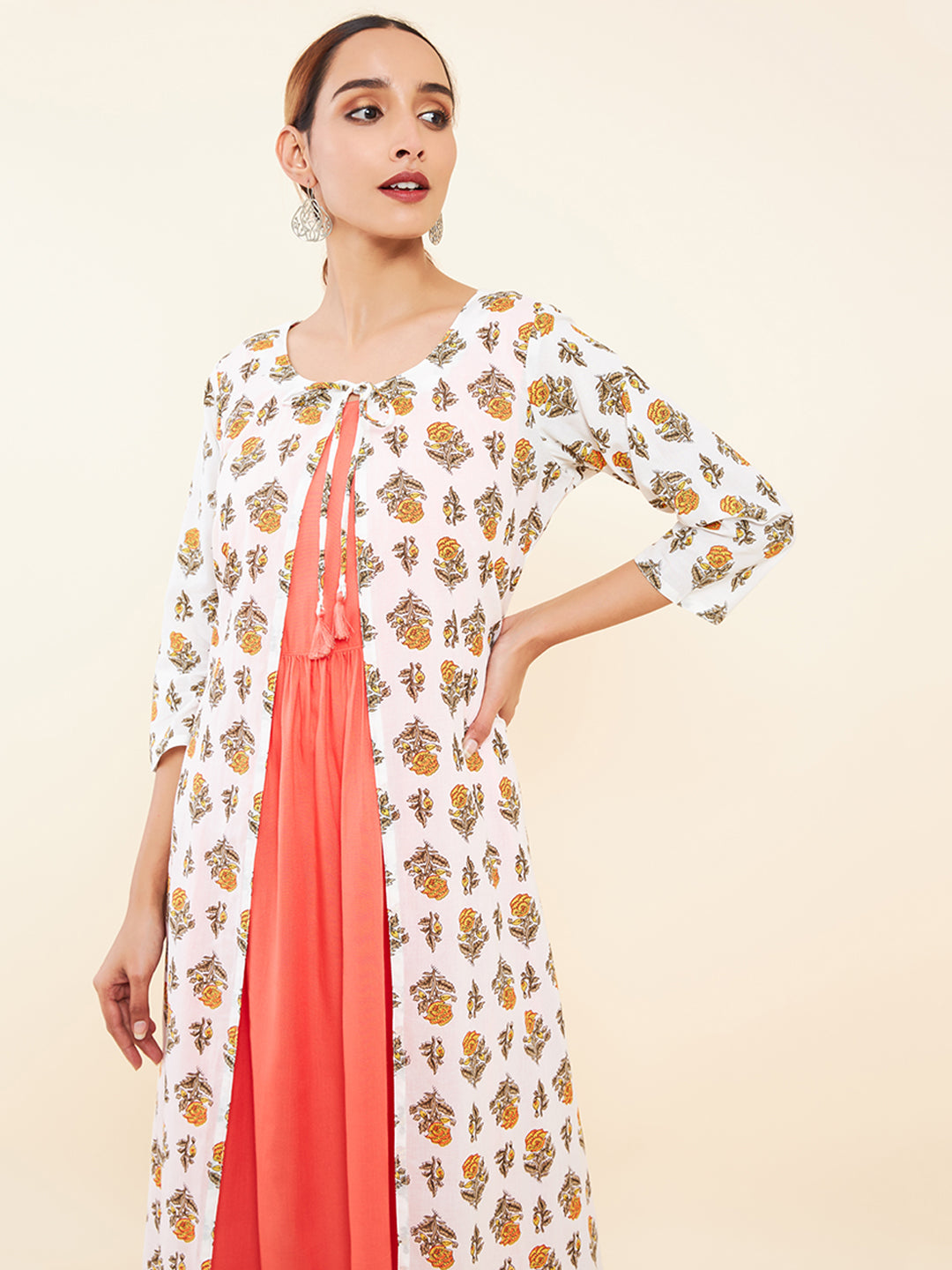 Tie Up Coat All Over Floral Printed Ethnic Dress - Peach