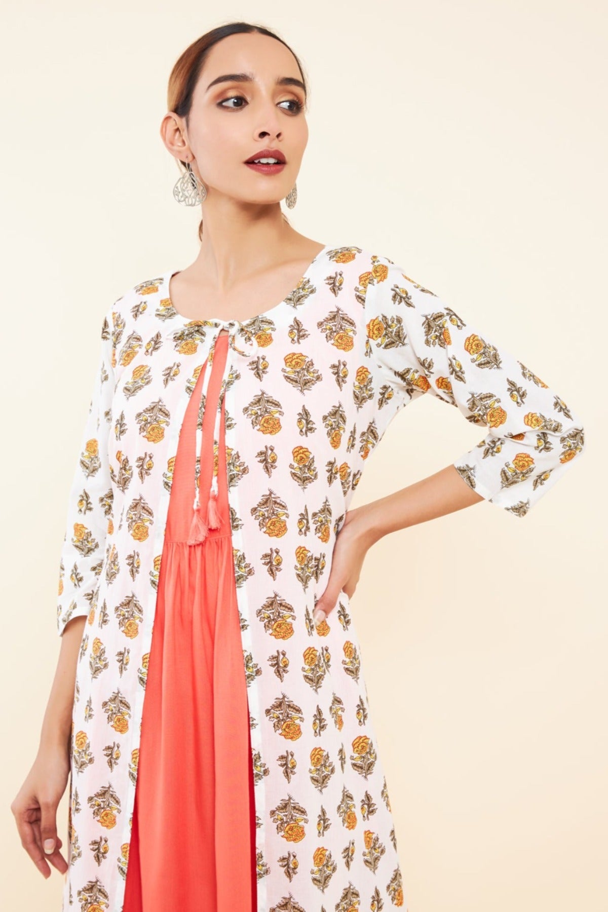 Tie Up Coat All Over Floral Printed Kurta Peach
