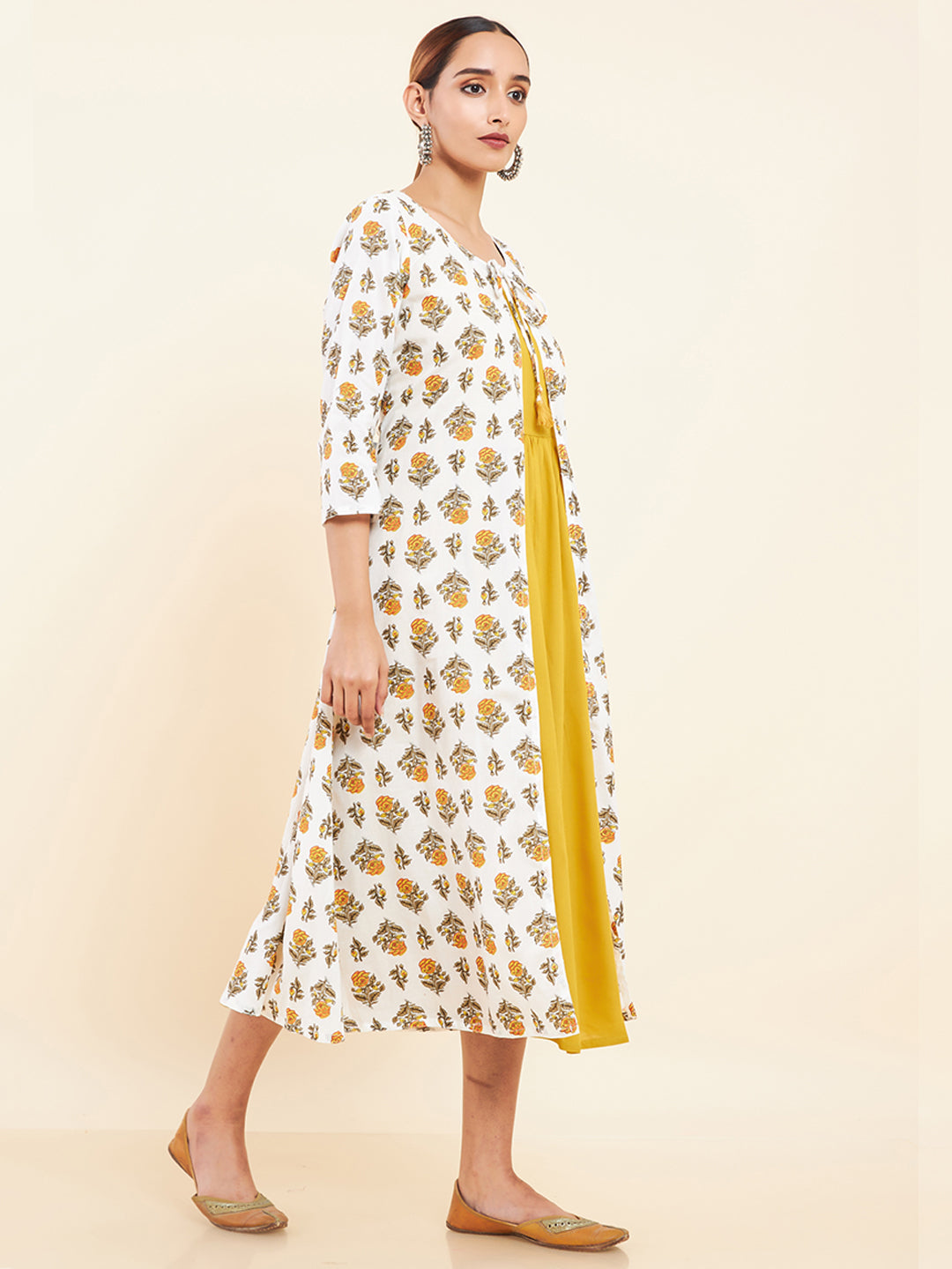 Tie Up Coat All Over Floral Printed Kurta Yellow