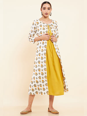 Tie Up Coat All Over Floral Printed Kurta Yellow