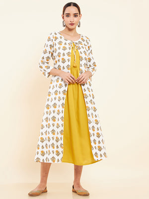 Tie Up Coat All Over Floral Printed Kurta Yellow