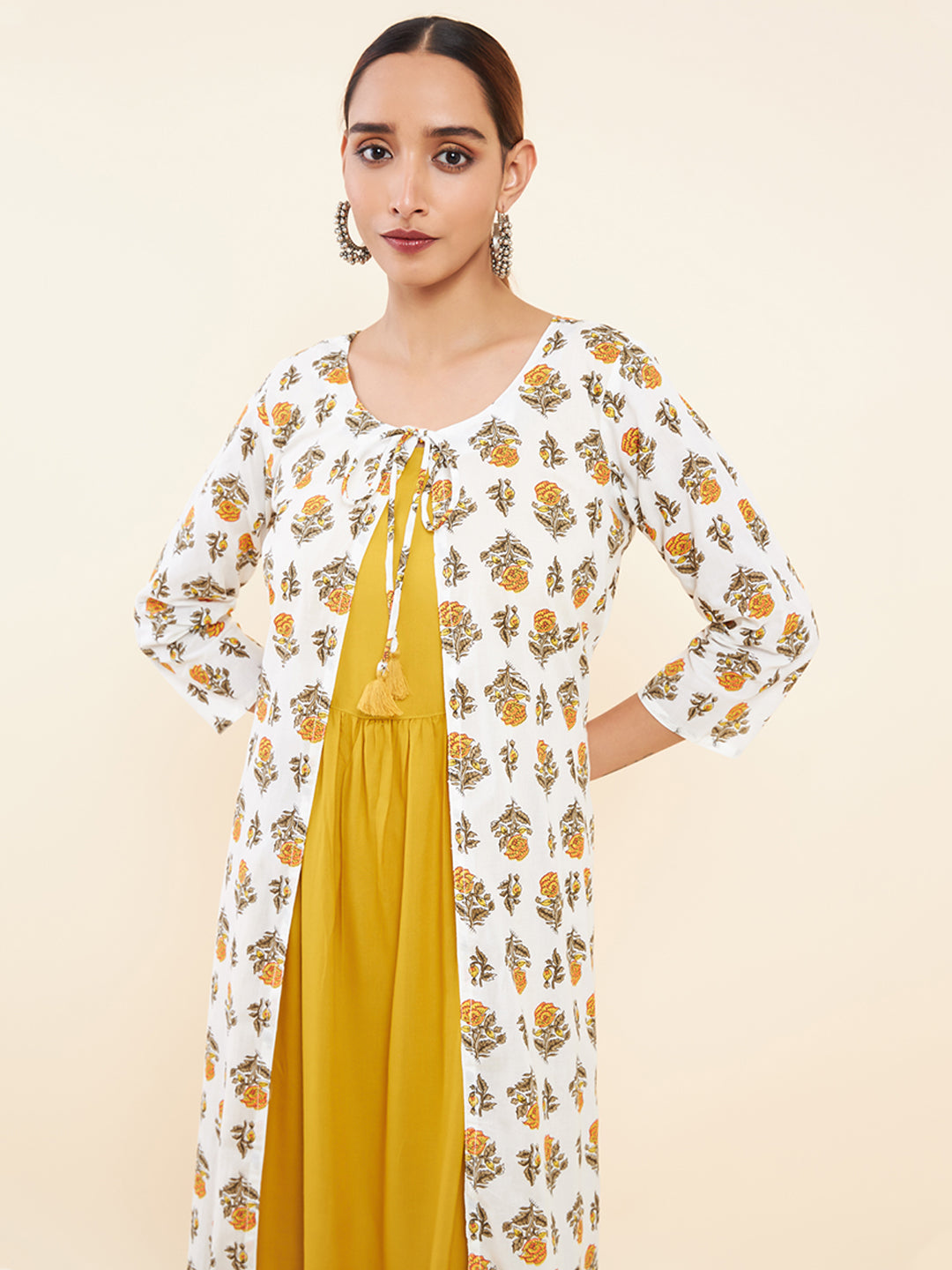 Tie Up Coat All Over Floral Printed Kurta Yellow