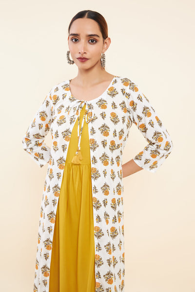 Tie Up Coat All Over Floral Printed Kurta Yellow