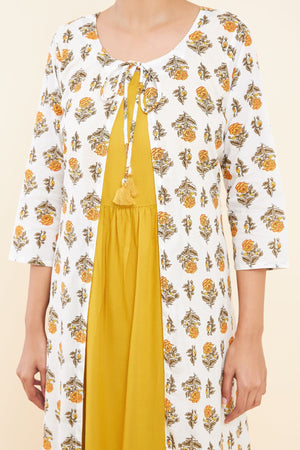 Tie Up Coat All Over Floral Printed Kurta Yellow
