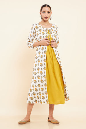 Tie Up Coat All Over Floral Printed Kurta Yellow
