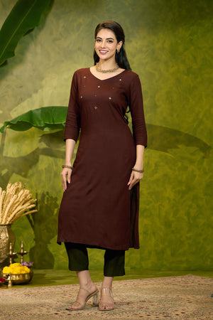 Solid Minimal Kurta with Foil Mirror Embellishment - Brown