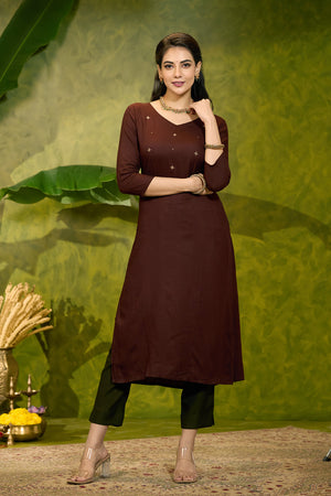 Solid Minimal Kurta with Foil Mirror Embellishment - Brown