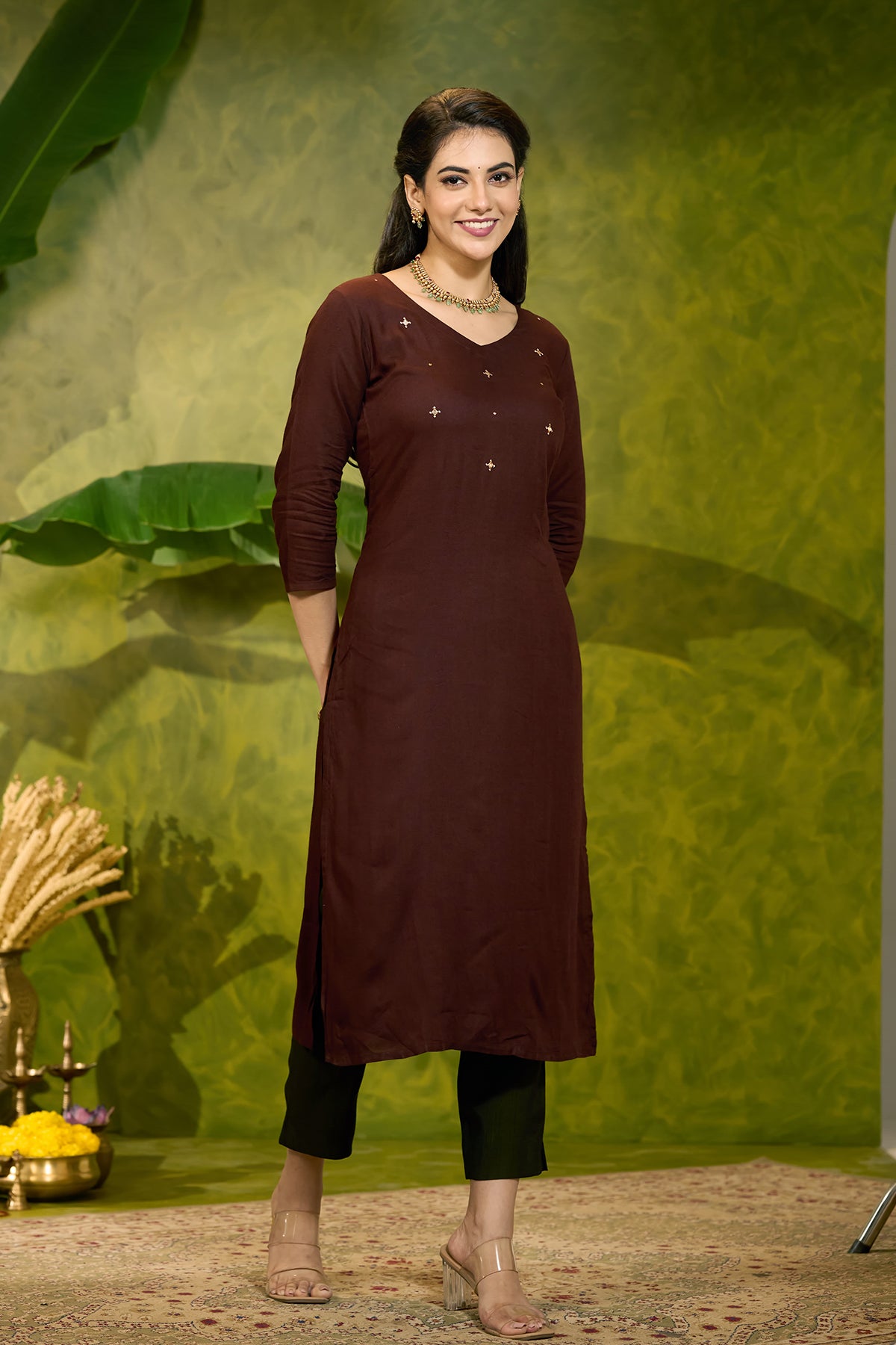 Solid Minimal Kurta with Foil Mirror Embellishment - Brown