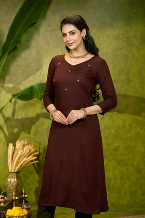 Solid Minimal Kurta with Foil Mirror Embellishment - Brown