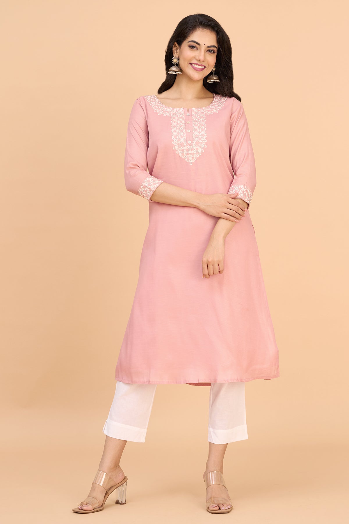 Floral Embroidered Kurta - Pink