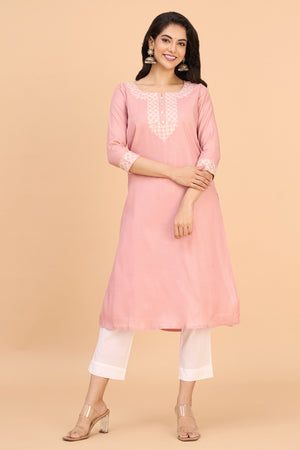 Floral Embroidered Kurta - Pink