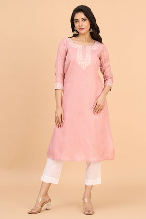 Floral Embroidered Kurta - Pink