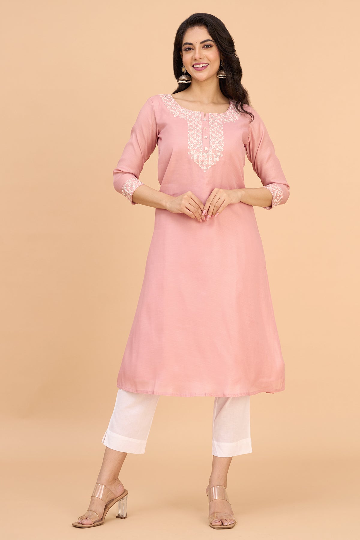 Floral Embroidered Kurta - Pink